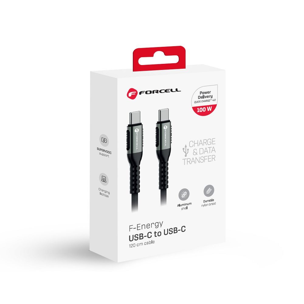 Cablul Forcell F-ENERGY C260 Type C la Type C QC4.0 PD 5A 100W Cafule 1,2 m - Negru